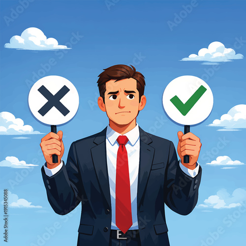 Confused man, yes no signs, decision making, outdoor sky