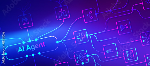 AI Agent Healthcare Network Concept with Neon Gradient Medical Technology Icons