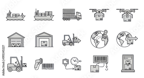 Logistics Icons: Shipping, Delivery, Warehouse, Drone, Truck, Forklift, Barcode