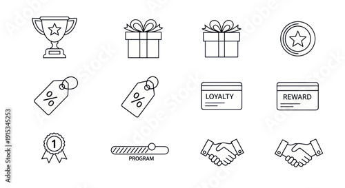 Loyalty Program Icons: Trophy, Gift, Card, Discount, Reward, Handshake