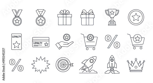 Loyalty Program Icons: Stars, Gifts, Trophies, Shopping Carts, Rockets, Crowns
