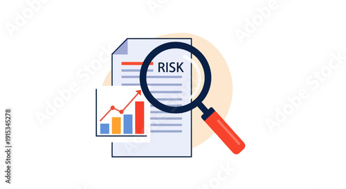 Magnifying glass focuses on "RISK" word on document with financial graph