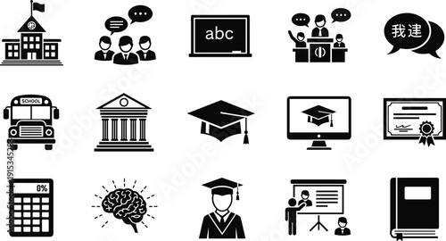 Education icons set, school learning symbols, university graduation silhouettes, online teaching graphics, student study tools, academic classroom vectors, educational equipment icons.