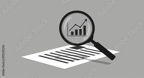 Magnifying glass on document with upward trending graph and data analysis