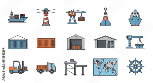 Maritime Logistics Icons: Ship, Lighthouse, Crane, Container, Warehouse, Map, Forklift