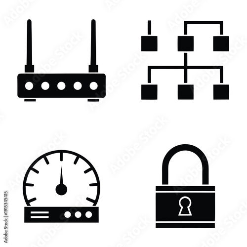 Four black and white of network router, network topology, server with speedometer, and padlock