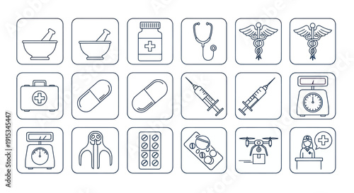 Medical Icons Set: Healthcare Symbols and Pharmacy Equipment Line Art