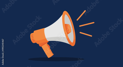 Megaphone announcement graphic, communication concept, orange and white speaker on dark blue background