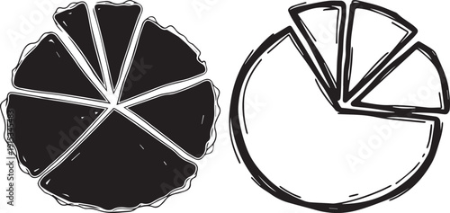 A black and white illustration of a pie chart with sections, used for business, finance, and data analysis presentations vector silhouette