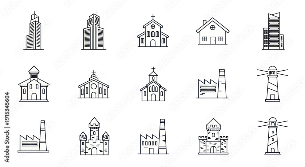 Fototapeta premium Modern and Classic Building Icons: Cityscapes, Churches, Houses, Factories, Lighthouses