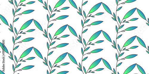 Decorative pattern in the form of slender branches with leaves that have a soft gradation of blue and green. This design is suitable for use as wallpaper.