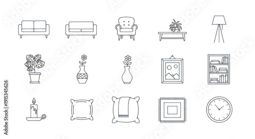 Modern Line Art Icons: Living Room Furniture and Decor Set
