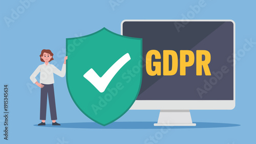 GDPR Compliance Concept with Shield Check Mark and Computer Monitor Data Protection Regulation Privacy Security Vector Illustration