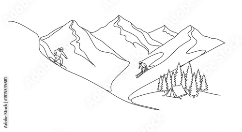 Snowboarders and skier descend mountain slope near campsite