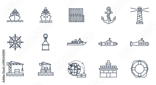 Nautical and Maritime Icons: Ships, Anchor, Lighthouse, Submarine, Crane, Globe