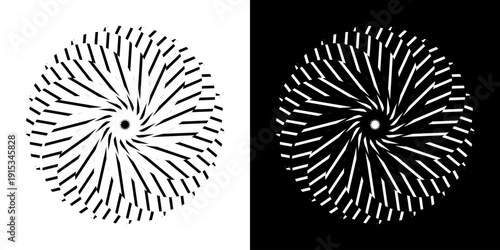 Abstract background with abstract line pattern in circles. Spiral art design as a logo or icon. A black figure on a white background and the same white figure on a black side. Mandala design with line