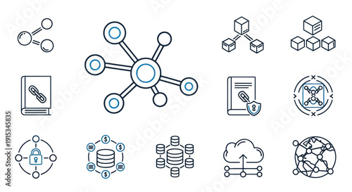 Network Connection Icons: Blockchain, Data, Cloud, Security, Technology Concepts
