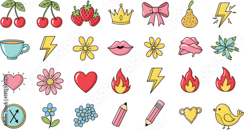 Set of trendy hand drawn doodle icons including cherries strawberry lightning bolt heart and crown isolated on white background for social media stickers.