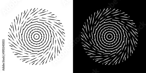 Abstract background with abstract line pattern in circles. Spiral art design as a logo or icon. A black figure on a white background and the same white figure on a black side. Mandala design with line