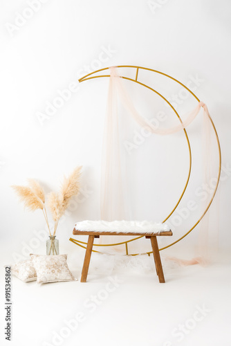 Ramadan Kareem photo studio interior with golden moon and pampas