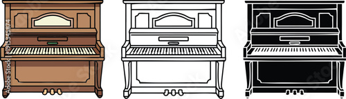 Grand piano silhouette & Outline and illustration set isolated on transparent background