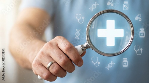 A person examines a magnifying glass with a medical cross symbol