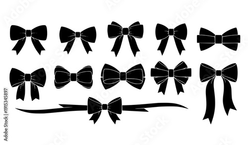 Assorted Black Decorative Bows Vector Set in Linear Arrangement