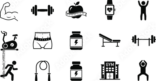 Fitness and gym workout icon set featuring bodybuilding equipment, healthy nutrition, sports supplements, cardio training, weightlifting, and active lifestyle symbols.