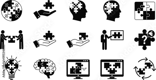 Puzzle and problem solving icon set featuring teamwork collaboration, strategic thinking, logic puzzles, brain intelligence, business solutions, and jigsaw pieces.