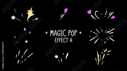Cute Magic Pop Click Sparkle Effect Animation, hand-drawn impact burst star flash doodle, heart, element for button click highlight, alpha channel transparent background, Set A