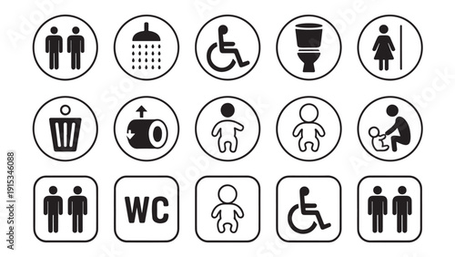 "Collection of 15 black-and-white restroom and facility icons"
