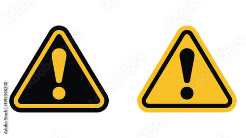 Yellow Warning Triangle Icons with Exclamation Mark Hazard Sign Symbols Isolated on White Background Flat Vector Illustration Set