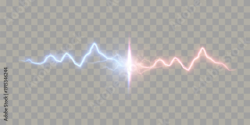 Collision of blue and red electric lightning strikes, glowing energy discharge and neon spark isolated on transparent background.