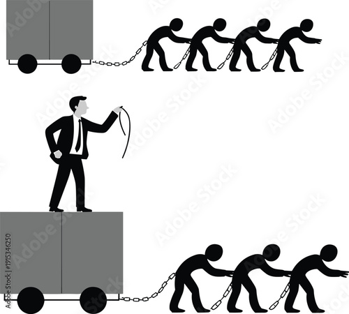 Business exploitation concept vector illustration, chained workers pulling cart, slavery metaphor, corporate oppression and forced labor symbol