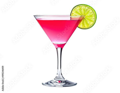 Cosmopolitan with a lime wedge garnish in a cocktail glass, vibrant pink liquid, isolated on a white background