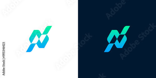 Abstract logo design representing connectivity and technology with gradient blue and green hues on white and dark backgrounds
