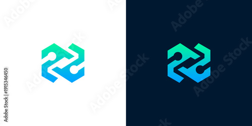 Modern and futuristic abstract logo design with interconnected geometric shapes and gradient color scheme, symbolizing innovation and technology. Represents connection and digital networks