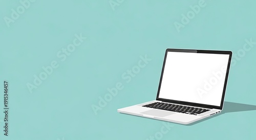 A modern laptop with a blank white screen is open on a flat surface, casting a shadow to the side, in a minimalist setting, viewed from a slight angle.