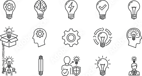 Innovation and creative idea line icon set featuring light bulbs, brainstorming, gear symbols, out of the box thinking, and intelligence.
