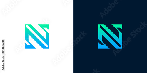 Modern minimalist letter N logo design with gradient blue and green colors on white and dark blue backgrounds, ideal for branding and corporate identity