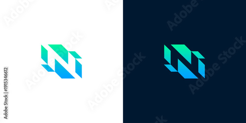 Abstract geometric letter N logo design in blue and green gradient for technology or innovation concepts