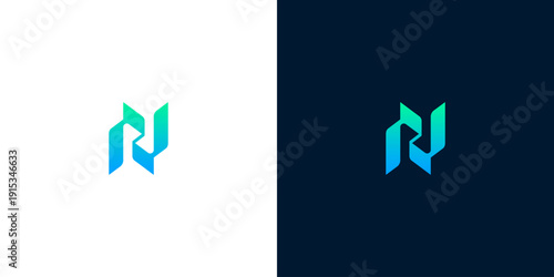 Modern abstract geometric letter N logo design on white and dark blue backgrounds, a sleek, professional symbol for business and technology