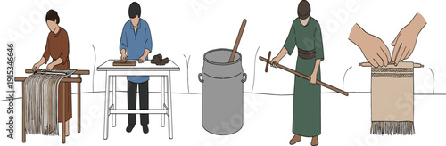 Set of traditional artisans working on various crafts including weaving textile making and manual labor isolated on white background for cultural and educational design.