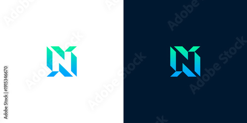 Abstract geometric letter N logo design, modern technology and digital concept with gradient blue and green colors on white and dark backgrounds