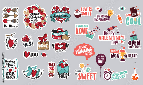 Hand Lettered Valentine's Day Sticker Set 25+ Romantic Die Cut Badges with Ruby Red and Mint Teal for Seasonal Marketing and Customer Love Campaigns