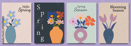 Minimal spring poster set with pastel vases flowers and blooming season lettering wall art design