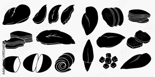 Set of various black silhouettes of meat cuts and food ingredients on a transparent background.