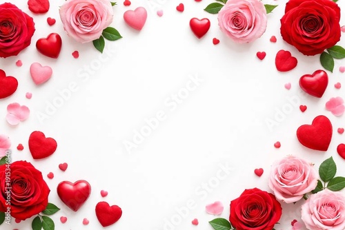 Romantic Red and Pink Hearts with Roses on Minimal White Background