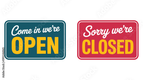 Open and Closed shop sign boards illustration set, business store status signage with colorful typography design