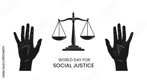 A clean social justice illustration shows balanced scales with hand gestures, representing equality, fairness, and ethical decision-making.